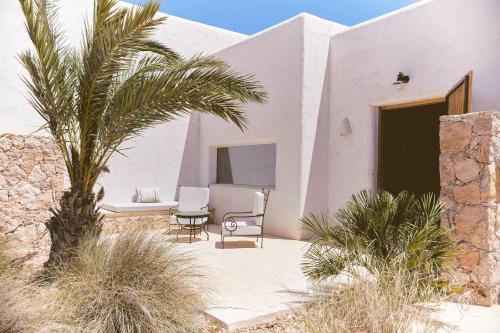 a patio with a palm tree in front of a house at EQUILICUÁ in Agua Amarga