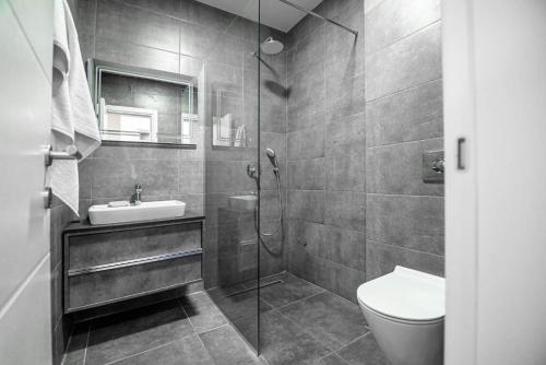 a bathroom with a shower and a toilet and a sink at Tivat TOP privacy apartments Manor in Tivat
