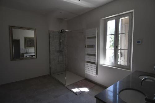 une salle de bain avec une douche, un lavabo et un miroir dans l'établissement Charmante Maison de Vacances, à Bédoin