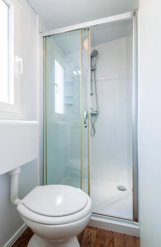 a bathroom with a toilet and a glass shower at San Antonio 2 mobile homes in Biograd na Moru