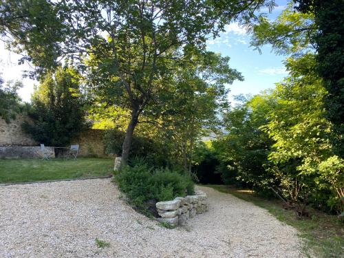 a garden with a tree and a stone wall at Le Mas du Rochet - Gîte à la campagne avec spa privé - 2 à 4 pers in Mirmande