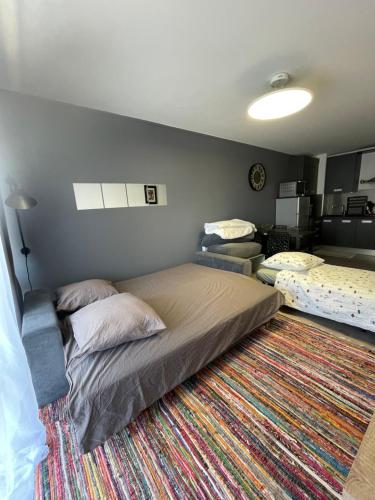 une chambre avec deux lits et un tapis dans l'établissement Appartement T2, à Canet