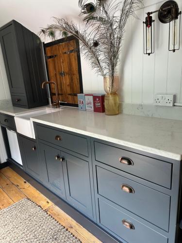 a blue dresser with a tv on top of it at A Snuggles hut in Faversham