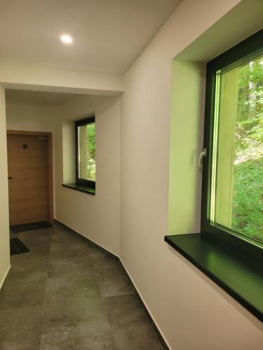 an empty hallway with a window and a door at Apartmán Nicole in Tale