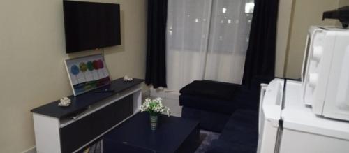 a living room with a tv and a couch at Studio Apartment near the Airport in Nairobi