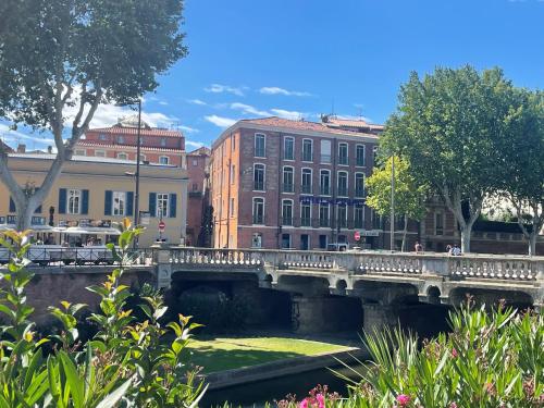 a bridge over a river in a city with buildings at Hotel De France in Perpignan