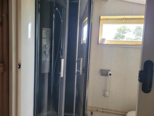 une douche avec une porte vitrée dans une salle de bain dans l'établissement Gîte à Romagné, à Romagné