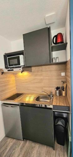 une petite cuisine avec un évier et un micro-ondes dans l'établissement La CAMPA CAZALINE, à La Teste-de-Buch