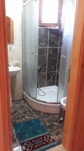 a bathroom with a shower and a toilet and a sink at Keleş Dag Evi in Uzungöl