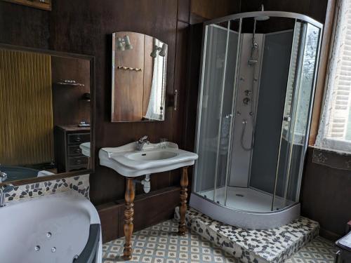 a bathroom with a shower and a sink and a tub at Château de Camperos in Barsac