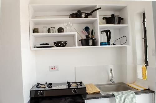 a kitchen with a stove and a sink at Studio Apartment near the Airport in Nairobi