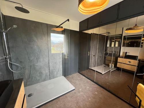 La salle de bains est pourvue d'une douche et d'une paroi en verre. dans l'établissement Les deux maisons - Le 68 - Appartement et balcon vue pistes proche lac, à Gérardmer