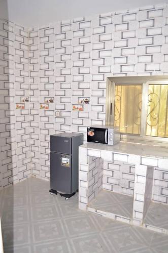 a kitchen with a small refrigerator in a brick wall at MK Hebergement in Saint-Louis