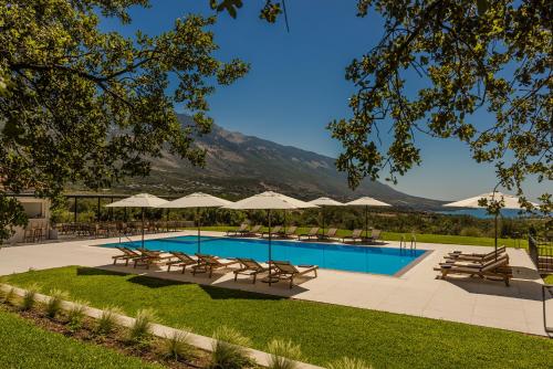 a swimming pool with lounge chairs and umbrellas at Rodi Studios in Karavadhos