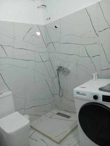 Un baño blanco con inodoro y lavabo. en Riverside house, en Berat