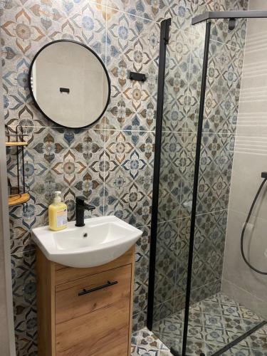 a bathroom with a sink and a mirror at Przystanek Karpacz - ul Słowackiego 5A in Karpacz
