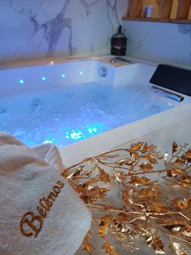 a jacuzzi tub with a towel sitting in it at Bélénos - Suites & Spa in Bligny-sur-Ouche
