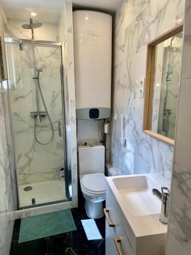 une salle de bain avec une douche, des toilettes et un lavabo dans l'établissement Moderne et lumineux, à Asnières-sur-Seine