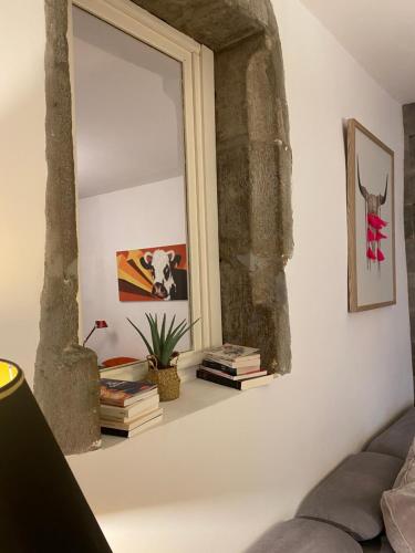 un miroir sur un mur avec des livres sur une étagère dans l'établissement Appartement - Bonlieu - Annecy vieille ville, à Annecy