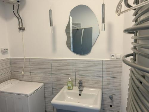 a bathroom with a sink and a mirror and a toilet at Apartament TAMAJA in Bielsko-Biala