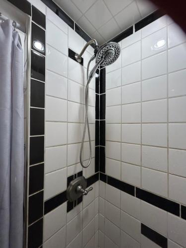 a shower in a bathroom with black and white tiles at Bancroft VIBES l Sleep 7 l BBQ I FIRE PIT in Bancroft
