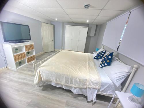 a bedroom with a bed and a flat screen tv at Bancroft VIBES l Sleep 7 l BBQ I FIRE PIT in Bancroft