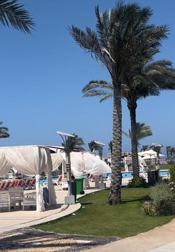 a resort with palm trees and a swimming pool at الساحل الشمالي شاليه مكيف قريه مارسليا بيتش 4 in Sīdī ‘Abd ar Raḩmān