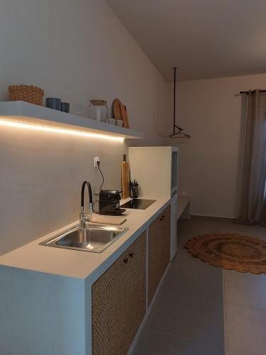 a kitchen with a sink and a counter top at Petra Lodge in Finikas