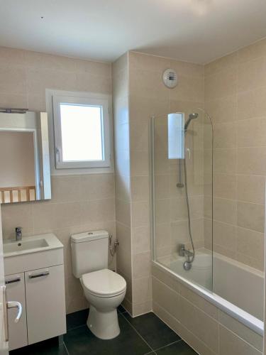 une salle de bain avec toilettes, douche et lavabo dans l'établissement Maison Alba, à Lit-et-Mixe