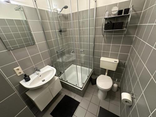 a bathroom with a sink and a toilet and a shower at Sandbank in Langeoog