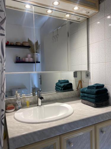 une salle de bain avec un lavabo et un grand miroir dans l'établissement Cocon charmant et fonctionnel, à Le Port-Marly