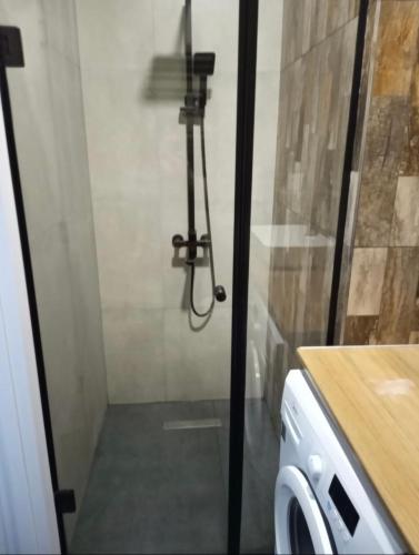 eine Dusche mit einer Glastür in einem Badezimmer in der Unterkunft Avilion Apartments Anj 7 3 in Tbilisi City