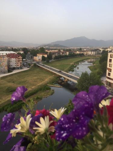 a view of a river with flowers and a bridge at شقة نهر اليجا in Sarajevo