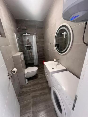 a bathroom with a sink and a toilet and a mirror at Appartement Nada in Bosanski Brod