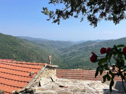 a house with a red roof with mountains in the background at Panoramica sul Terrazzo in Villa Talla