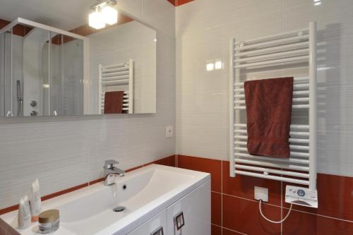 une salle de bain avec un lavabo blanc et un miroir dans l'établissement Résidence Saint Jacques A - 5 Pièces pour 11 Personnes 20, à Mâcot La Plagne