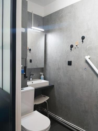 une salle de bain avec toilettes et lavabo dans l'établissement Nouveau T2 au centre, climatisé, à La Grande Motte