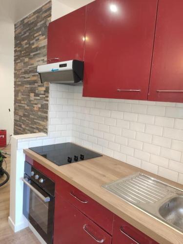 une cuisine avec des armoires rouges et un évier dans l'établissement Appartement Cosy, 3 Chambres près du centre ville, à Orvault