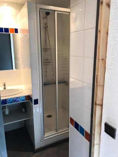 une salle de bain avec douche et lavabo dans l'établissement Résidence Amethyste - Studio pour 4 Personnes 47, à Mâcot La Plagne