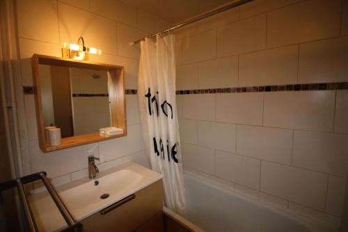 une salle de bain avec un lavabo et un rideau de douche dans l'établissement Résidence Home Club 1 - studio rénové, chaleureux MAE-3601, à Tignes