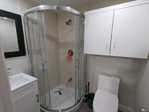 a shower in a bathroom with a toilet and a sink at Modern Tiny Wood Cottage 04 in Wasaga Beach