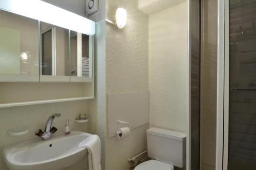 une salle de bain avec un lavabo, des toilettes et un miroir dans l'établissement Résidence Corail - 2 Pièces pour 5 Personnes 74, à Mâcot La Plagne