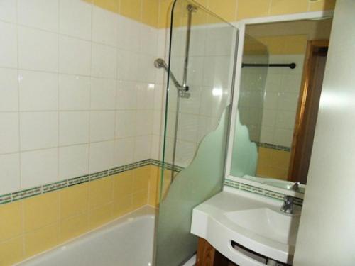 une salle de bain avec une douche, un lavabo et un miroir dans l'établissement Résidence Themis - 2 Pièces pour 5 Personnes 94, à Mâcot La Plagne