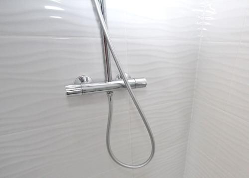 une douche avec un tuyau fixé à un mur dans l'établissement Les appartements Isabelle 5 - Centre Ville, à Lorient