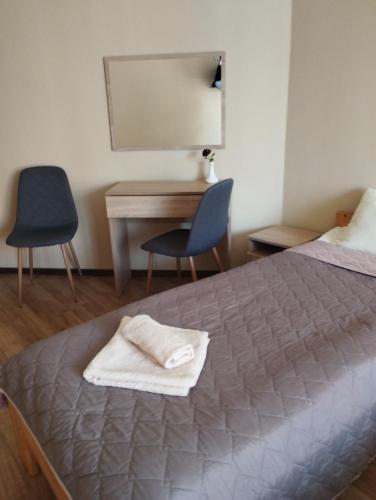 a bedroom with a bed and two chairs and a desk at садиба Лоньяї 22 in Berehove