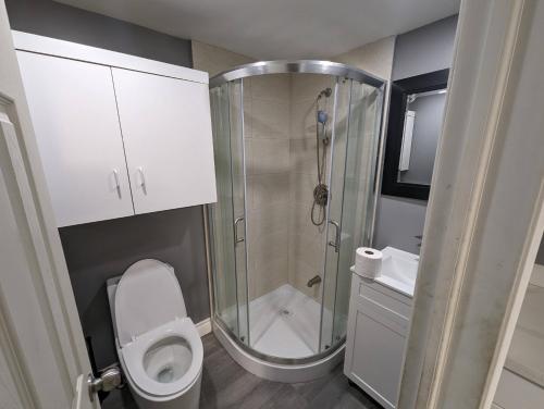 a bathroom with a shower and a toilet at Modern Tiny Wood Cottage 03 in Wasaga Beach