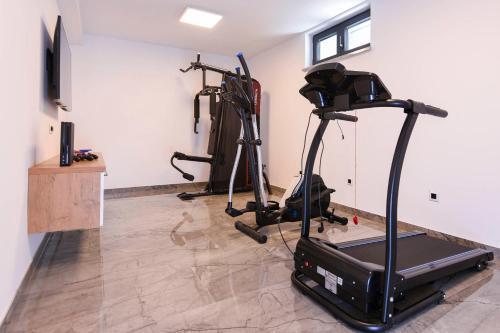a gym with two exercise bikes and a treadmill at Vila MI in Orebić