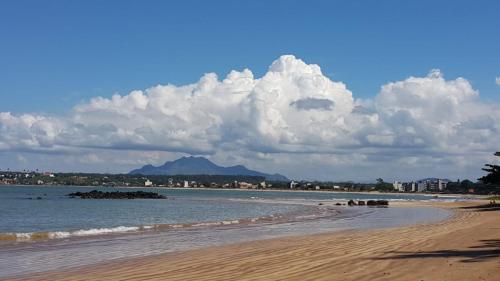 a view of a beach with a mountain in the background at Pousada dos Veleiros in Nova Almeida