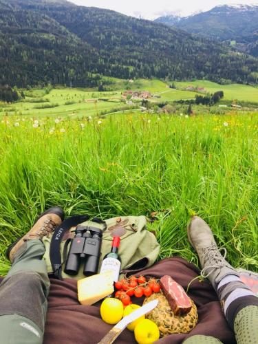 a person laying in the grass with a bunch of food at Hotel Ledererwirt in Sankt Lambrecht