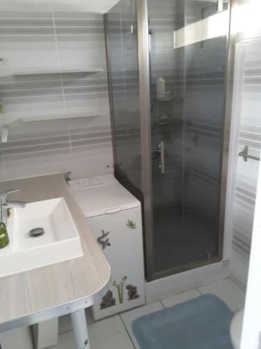 une petite salle de bain avec un lavabo et une douche dans l'établissement Appartement RDC avec Terrasse dans residence avec piscine et face à la plage, à Leucate